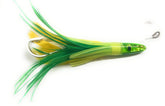 Close-up of feathers and resin head on offshore trolling lure